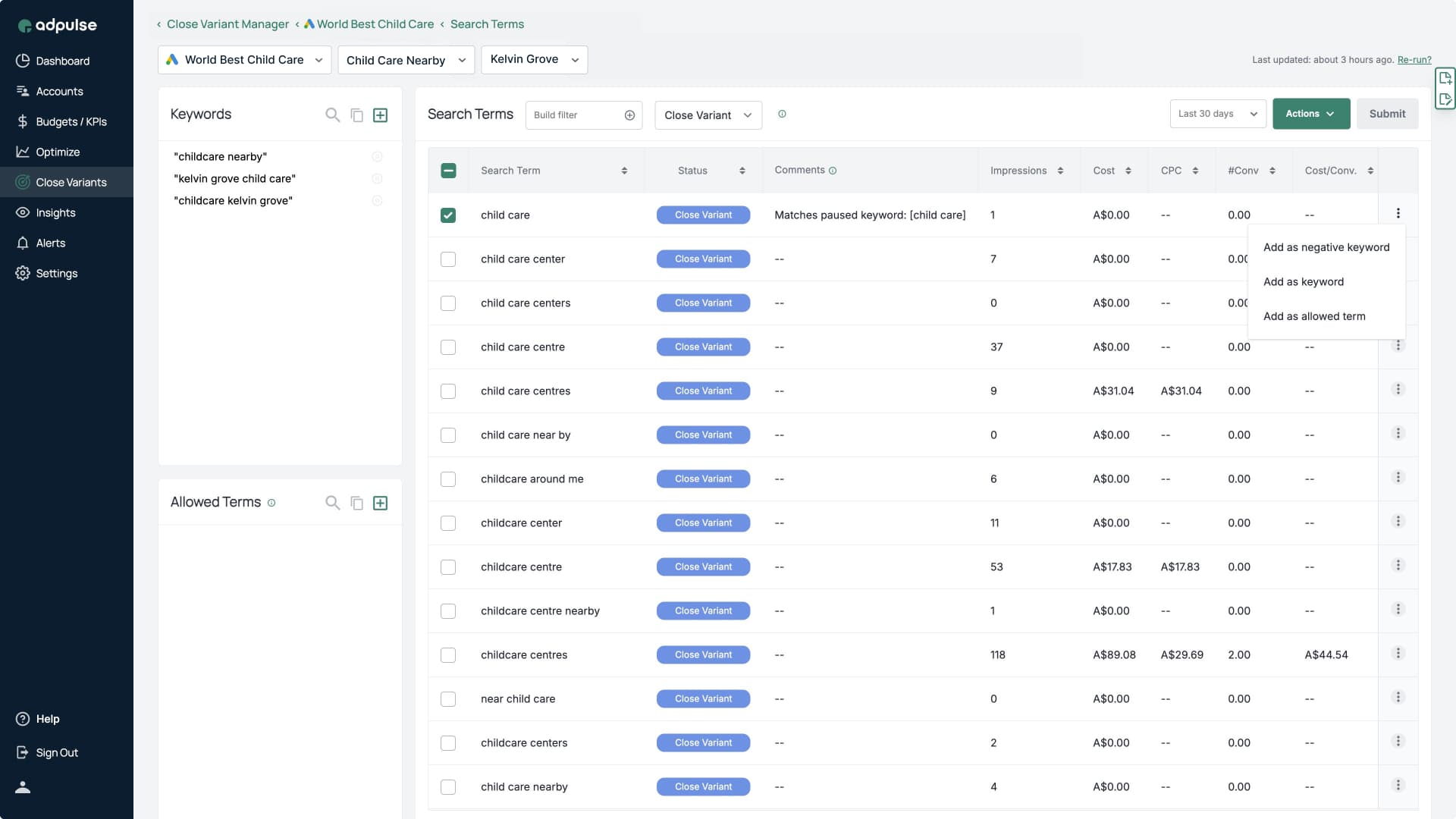 Adpulse Features - Close Variant Manager